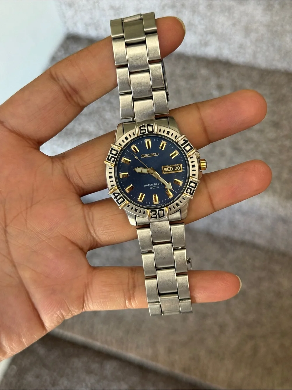 Seiko Blue Dial Stainless Steel Watch with Gold Accents Mens Watch